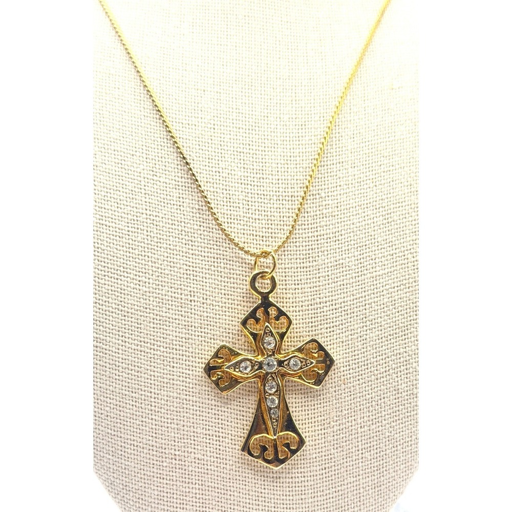 Gold Tone‎ Rhinestone Cross Necklace 17" Clear Stone Pendant
